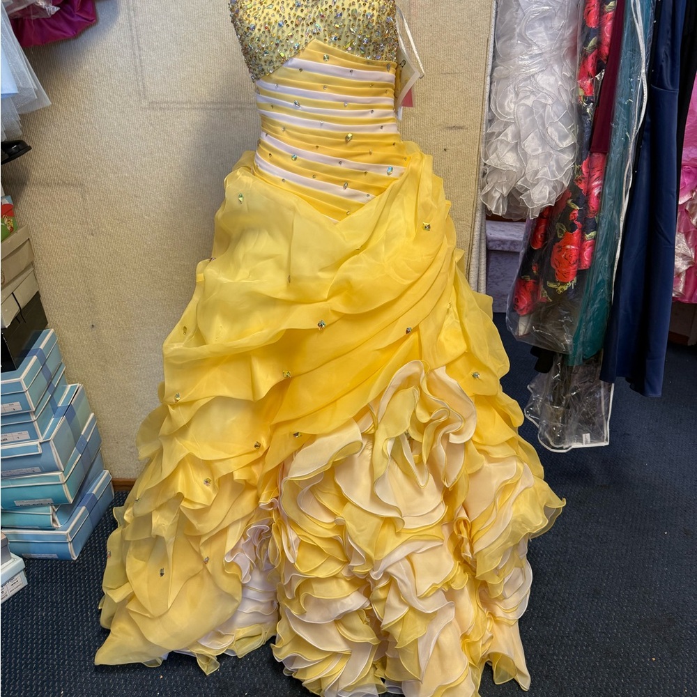 Yellow Ruffled Ball Gown Dress with Embellished Bodice